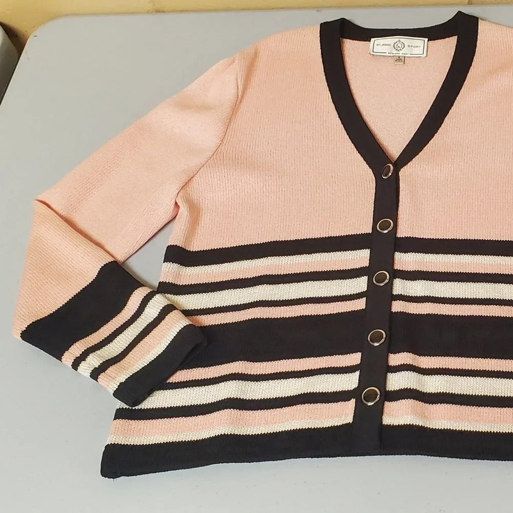 ST. JOHN SPORT Sweater Pink Black White Stripe